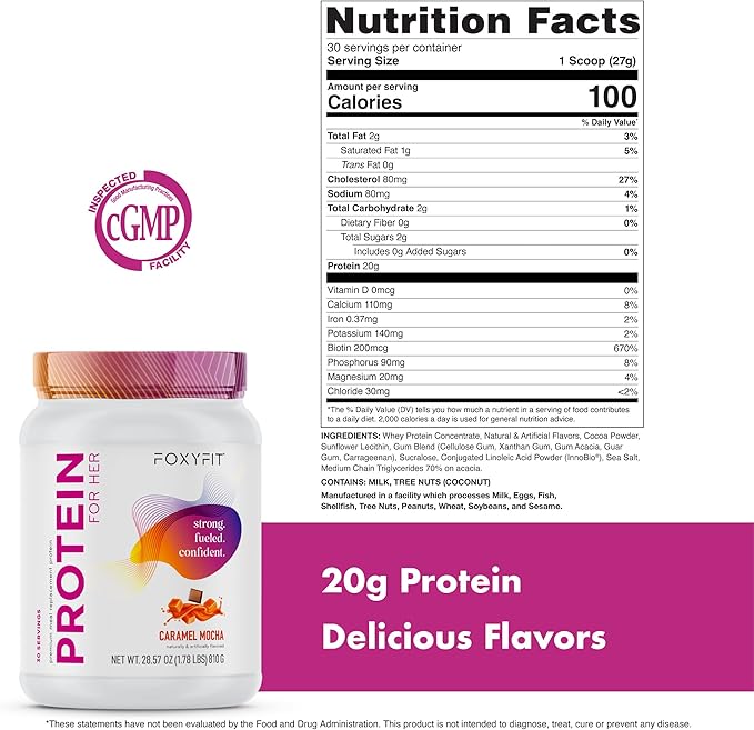 FoxyFit Protein for Her Caramel Mocha Whey Protein Powder with CLA and Biotin for a Healthy Glow (1.85 lbs)