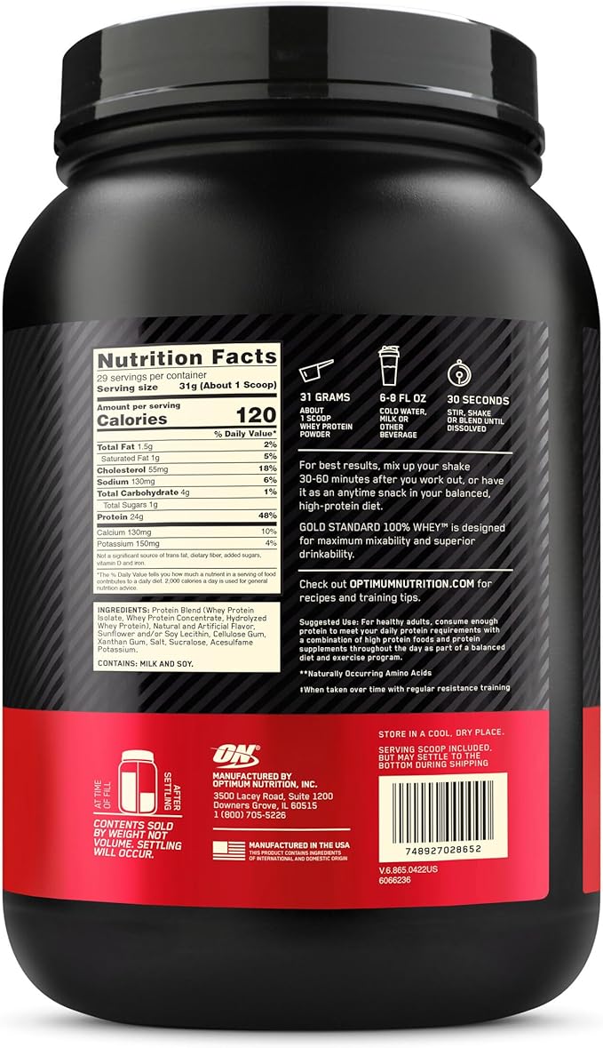 Optimum Nutrition Gold Standard 100% Whey Protein Powder from Whey Isolates Vanilla Ice Cream - 2 Pound