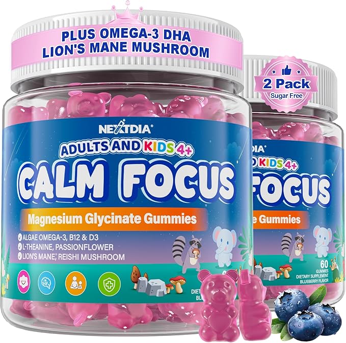 Focus Gummies for Kids &amp Adults w/Magnesium Glycinate Omega-3 DHA Lion's Mane L-Theanine Methyl B12 &amp Vitamin D3 Brain Supplement Support Calm Sleep Attention Concentration and Memory