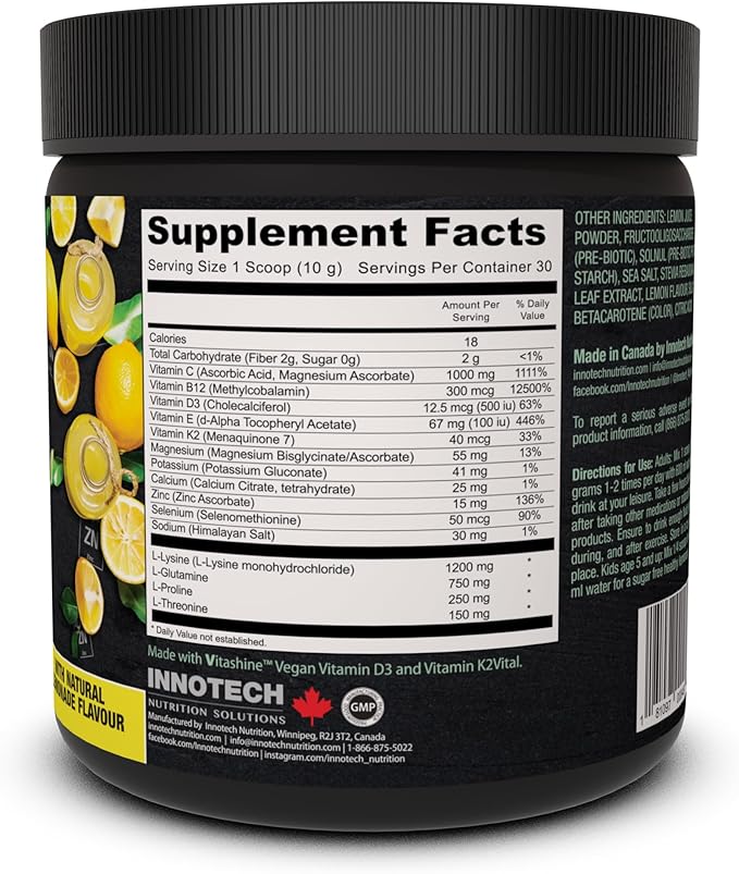 Innotech Nutrition Immune Essentials Immune Support &amp Hydration Zinc Vitamin D3 &amp Vitamin C Healthy Lemonade 300g