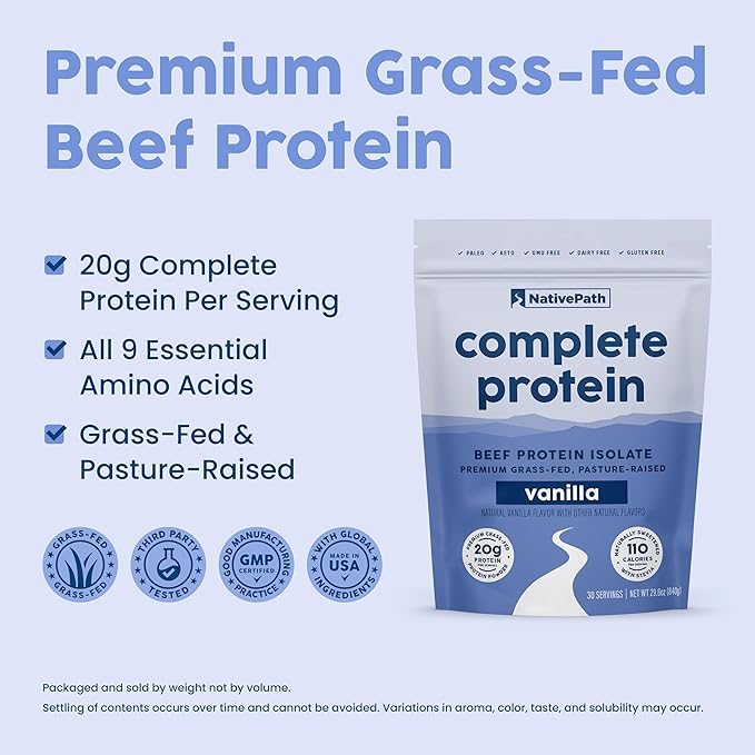 NativePath Vanilla Beef Protein Powder - 20g Protein 30 Servings - Grass-Fed Pasture-Raised Isolate with MCTs - Dairy Free Zero Sugar Keto &amp Paleo Friendly