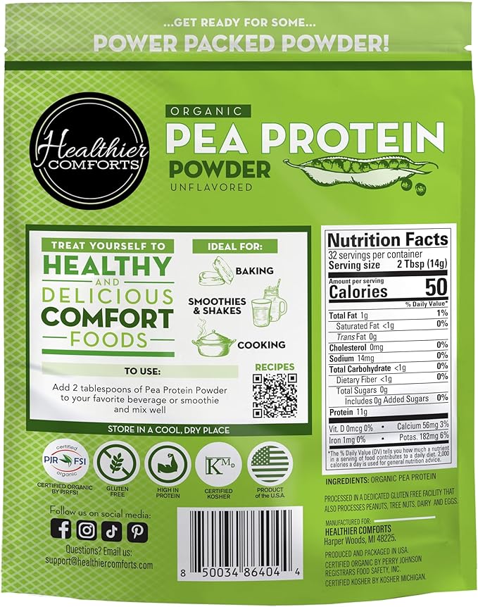 Healthier Comforts Organic Unflavored Pea Protein Powder - Low Sodium (1 lb.) | USA Grown and Processed | 100% Plant Based Protein | Kosher Gluten Free Non-GMO Keto Friendly (16oz)