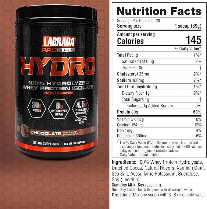 LABRADA Hydro 100% Pure Hydrolyzed Whey Protein Isolate Powder Lactose Free Fastest Digesting Instant MixingDelicious Taste 20 Servings(Chocolate)