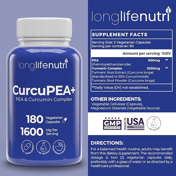 CurcuPEA+ (Palmitoylethanolamide + Turmeric Complex 600mg/1000mg) – Derived from Curcumin Longa 180 Vegetarian Capsules Natural Antioxidant 3-Month Supply GMP Certified Vegan Made in USA