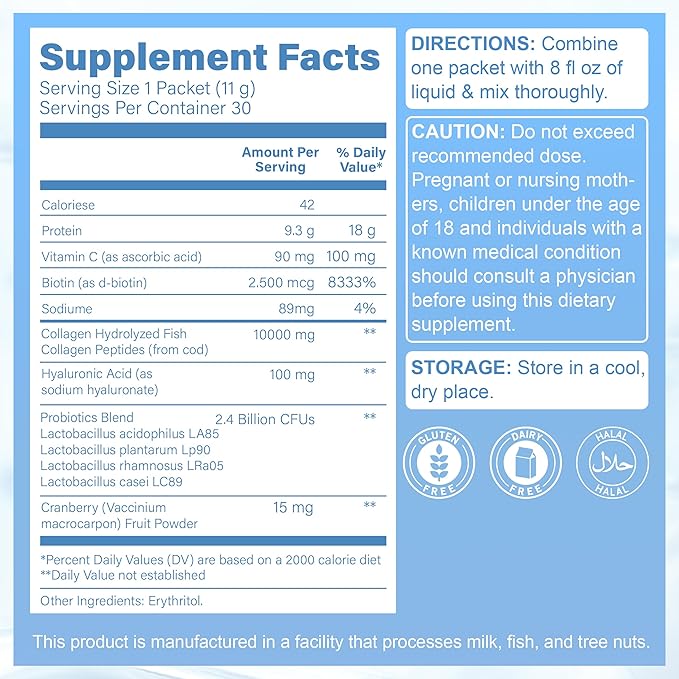 Marine Collagen Peptides Wild-Caught Non-GMO Verified Hydrolyzed Collagen Peptides with Vitamin C Hyaluronic Acid and Biotin MSC-Certified Unflavored Travel Packs 11g  30 Individual Packets