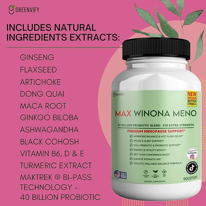 Winona Max Premium Menopause Support 40 Billion CFU Probiotic 90 Capsules Hormone Balance and Hot Flash Relief (1)