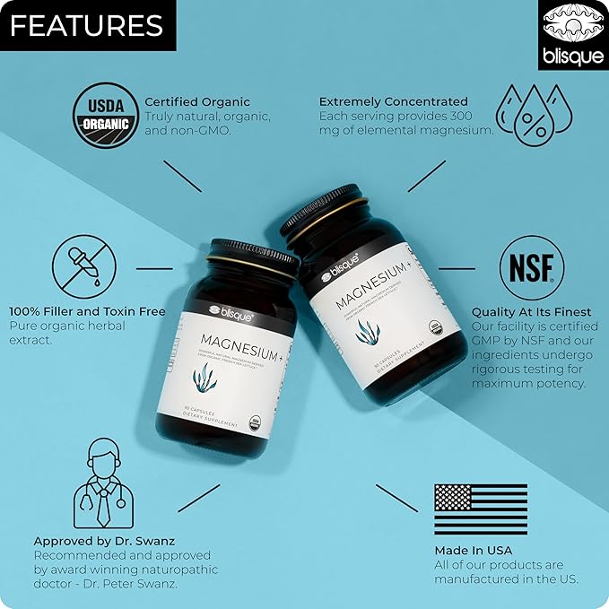 Blisque - Magnesium Support Supplement | for Bone Joint Muscle Heart and Nerve Health | from Organic French Sea Lettuce | Vegan and Non-GMO | 90 Capsules