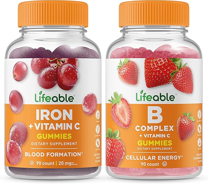 Lifeable Iron with Vitamin C + B Complex Gummies Bundle - Great Tasting Vitamin Supplement Gluten Free GMO Free Chewable Gummy
