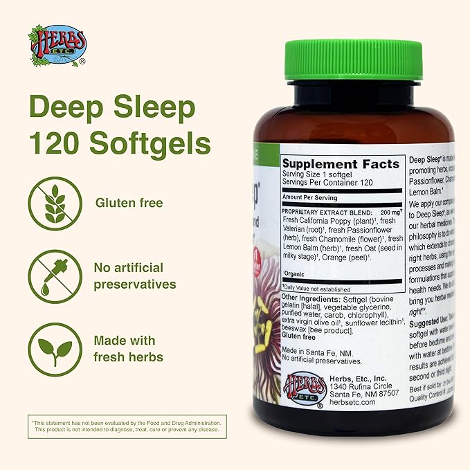 Herbs Etc. Deep Sleep Softgels - Herbal Sleep Support Supplement - Rest &amp Calming Support with Passionflower Chamomile &amp Lemon Balm - 120 Softgels (120 Servings)