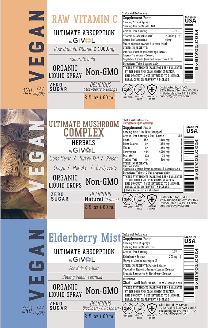 Antioxidant Powerhouse Bundle - Elderberry Raw Vitamin C Mushroom Complex - Nutriments Phytonutrients &amp Cognitive Well-Being All in One Package - Multivitamins - 2 Fl Oz - 240 Days Supply