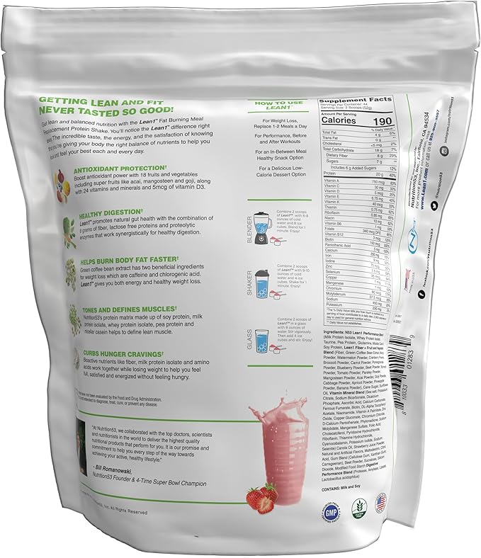 Lean1 Meal Replacement Protein Shake Strawberry Flavor 44 Servings in 5 Pound Bag