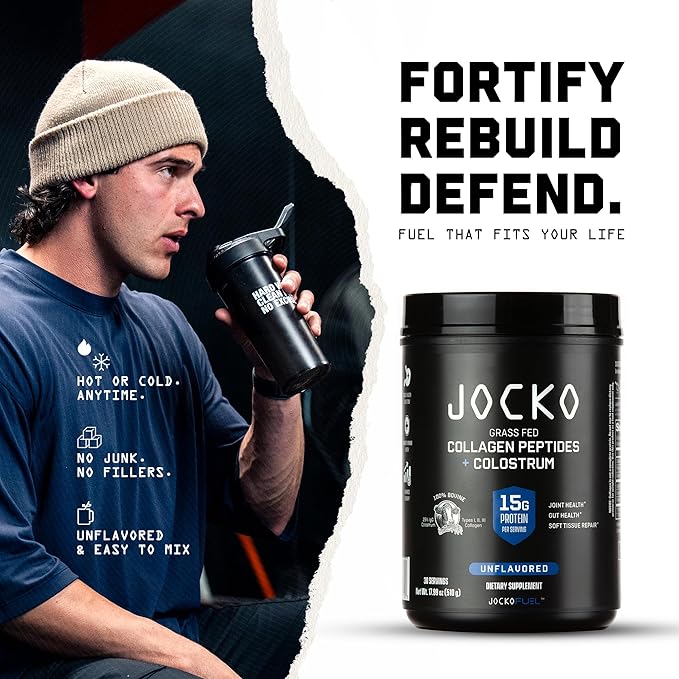 Jocko Fuel Collagen Powder with Colostrum – 15g Hydrolyzed Collagen + 2g First-Milking Colostrum – Dual Action for Gut Health Joint Support and Immune Defense – Recovery Supplement (30 Servings)