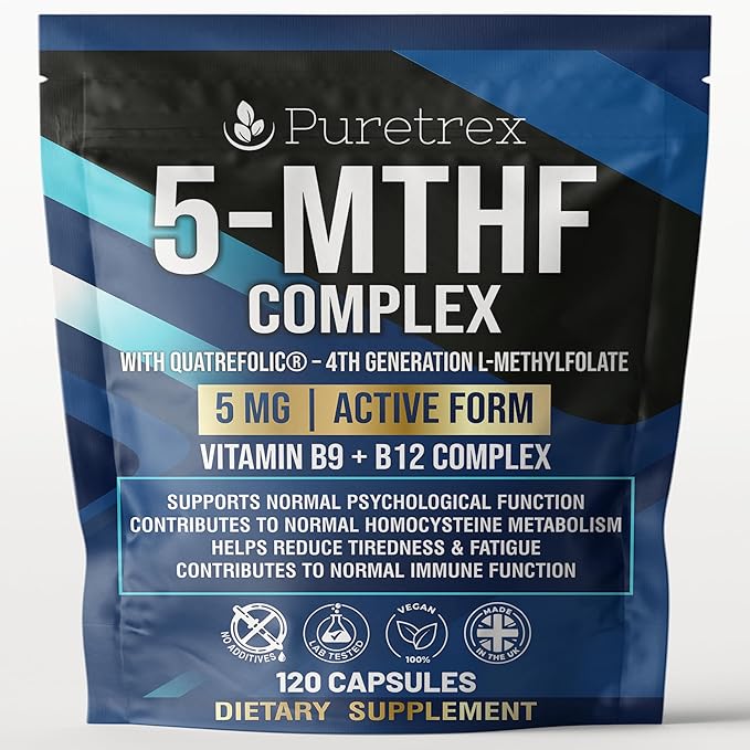 5-MTHF Complex with Quatrefolic Active Folate (L-Methylfolate) 1mg + Methyl B12 1mg + P-5-P B6 + Riboflavin-5-Phosphate Vegan Non-GMO 120 Capsules