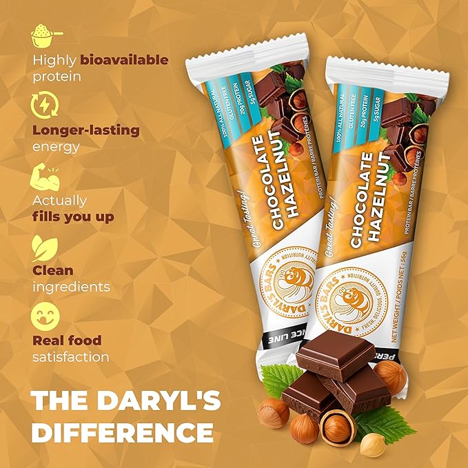 Daryl's Bars Chocolate Hazelnut On the Go Whey Protein Bars Gluten Free 20gr of Protein Snack Meal Replacement Pack of 1