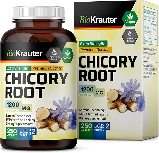 BIO KRAUTER® Chicory Root for Gut &amp Digestive Support - Pure Vegan Prebiotics &amp Fiber Supplement in Capsules 1200 mg per Serving 250 Count - No Fillers Non-GMO - 62 Days of Supply