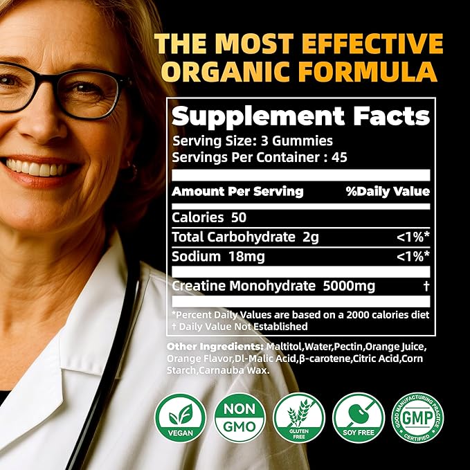 Creatine Monohydrate Gummies for Men &amp Women. Boost FocusStrength and Endurance Anti-Melting Formula Vegan Gluten-Free Non-GMO(Orange135 ct)