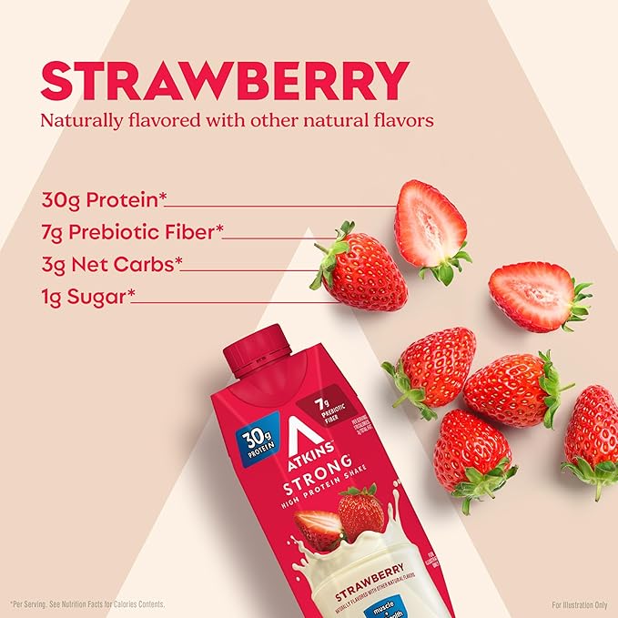 Atkins Strong High Protein Shake Strawberry Flavored 30g Protein 7g Prebiotic Fiber 1g Sugar Muscle and Gut Health Support GLP-1 Support Low Carb and Low Protein Shake Gluten Free 12 Count