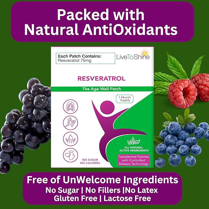 Live To Shine Resveratrol Patch - Transdermal Topical Plant-Based Antioxidant Support for Healthy Aging and Wellness - 30 Patches for Women and Men - USA Made