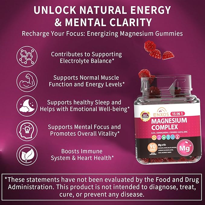 15-in-1 Magnesium Complex Gummies 350 mg/Serv with Ashwagandha RootVitamin D3L-TheanineZinc GluconateCoQ10 Stress Relief Glycinate Gummy Sugar Free Chews Supplement for Adults Sleep (Raspberry)