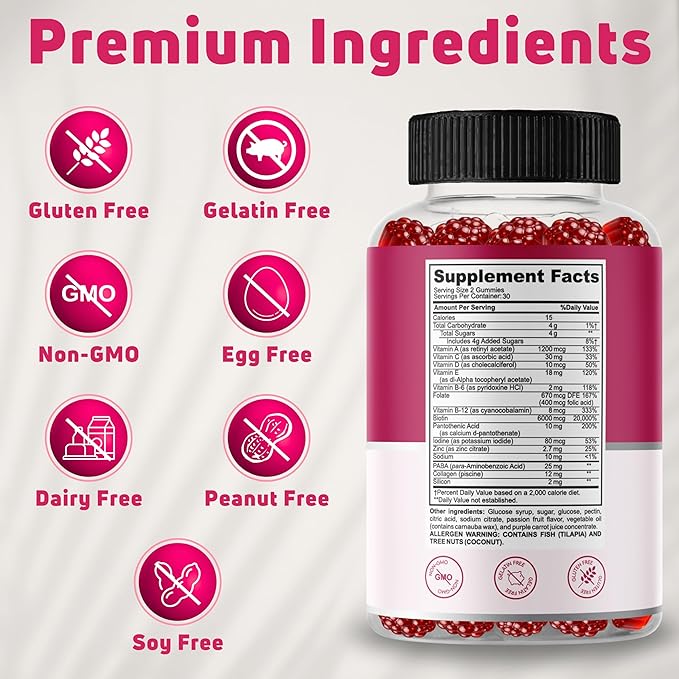 Hair Skin and Nails Gummies with Biotin (6000mcg) Collagen &amp PABA - Hair Skin and Nails Vitamins for Women and Men - Supports Hair Growth Stronger Nails Healthy Skin - 30 Servings