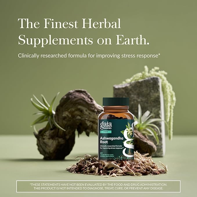 Gaia Herbs Ashwagandha Root - Stress Relief &amp Sleep Support Supplement - Supports Balanced Energy Levels &amp Positive Outlook* - 60 Vegan Liquid Phyto-Caps (30 Servings)