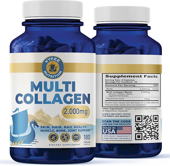Vykee Nutrition Multi Collagen + Biotin &amp Hyaluronic Acid – 2000mg Beauty &amp Joint Support | Hair Skin Nails &amp Mobility | Multi-Type Collagen for Daily Strength &amp Resilience | 180 Ca