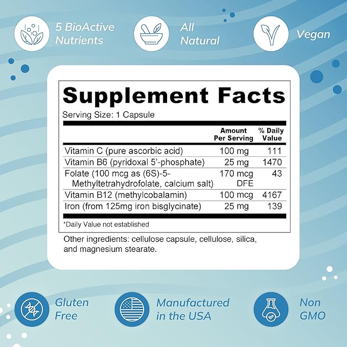 Blood Booster Iron Supplement for Energy and Fatigue - Gentle Non-constipating Iron Methylfolate and Other coenzyme B Vitamins (180 caps - Vegan Gluten Free Non-GMO)