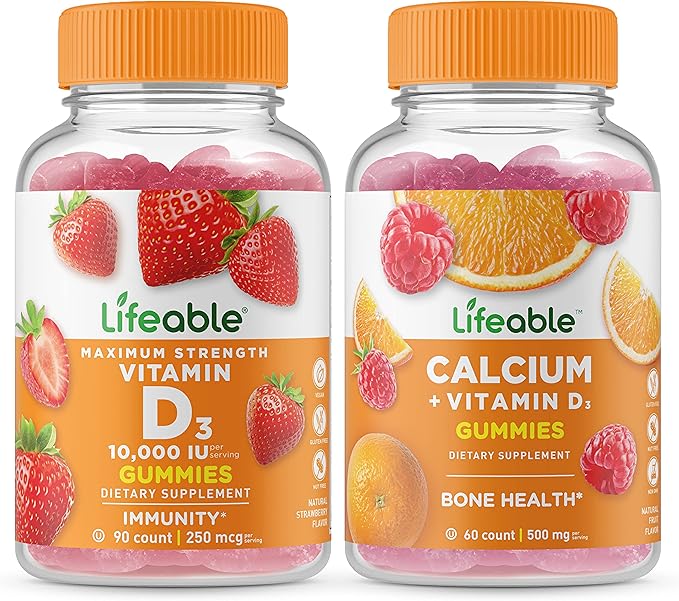 Lifeable Vitamin D 10000 IU + Calcium with Vitamin D Gummies Bundle - Great Tasting Vitamin Supplement Gluten Free GMO Free Chewable Gummy