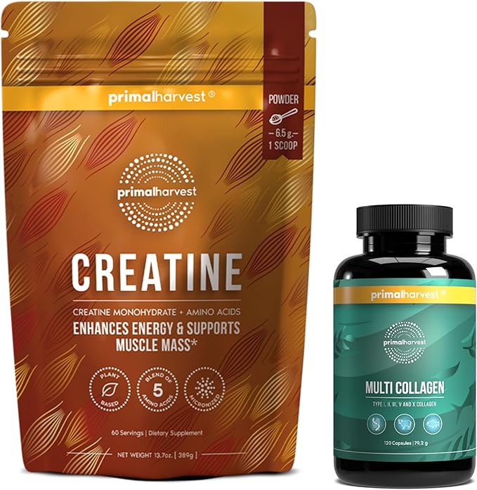 Primal Creatine Powder + Primal Multi Collagen Capsules Bundle | 2-Pack | Support Strength Recovery Joint &amp Skin Health | 30 Servings Each