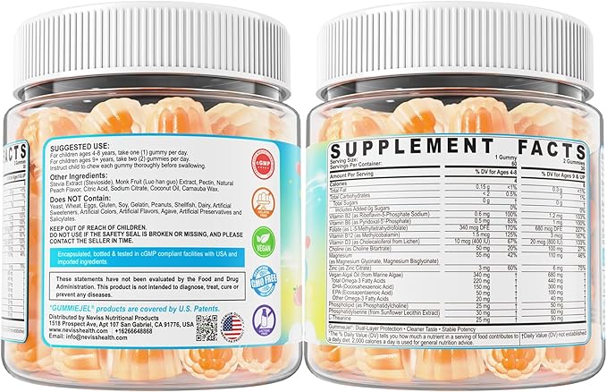 Kids L-Methylfolate Gummies Active 5-MTHF + Methyl B12 Vitamin B6 B2 Choline Vegan Omega 3 DHA &amp EPA Methylated Multivitamin MTHFR Supplement for Methylation Focus Cognition Brain 60 Ct