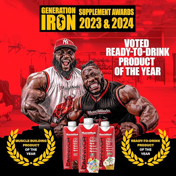 MuscleMeds Carnivor RTD Ready to Drink Protein Lactose Free Sugar Free 40g Isolate Protein Muscle Building Recovery Halal Certified Fruity Cereal 16.9 Fl Oz (Pack of 12)