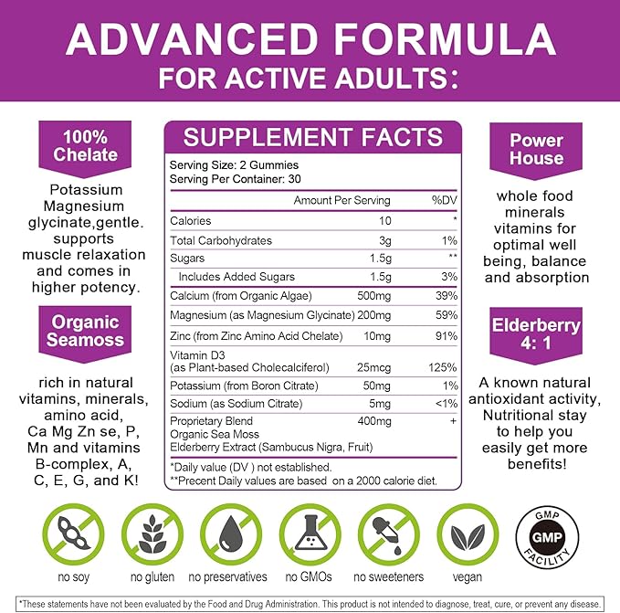 Calcium Magnesium Zinc Gummies with High Absorption Magnesium Glycinate 200mg Potassium -Plant Calcium Supplement w/ D3 &amp Sea Moss for Bone Muscles Calm Mood &amp Sleep Support- Kids &amp adu