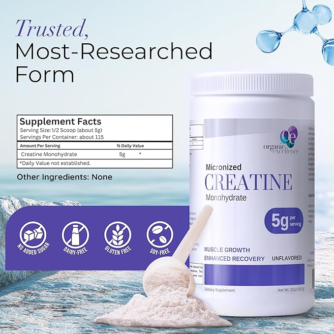 Organic Excellence Creatine Monohydrate – Micronized Creatine Powder for Muscle Growth Strength &amp Recovery – Unflavored 115 Servings