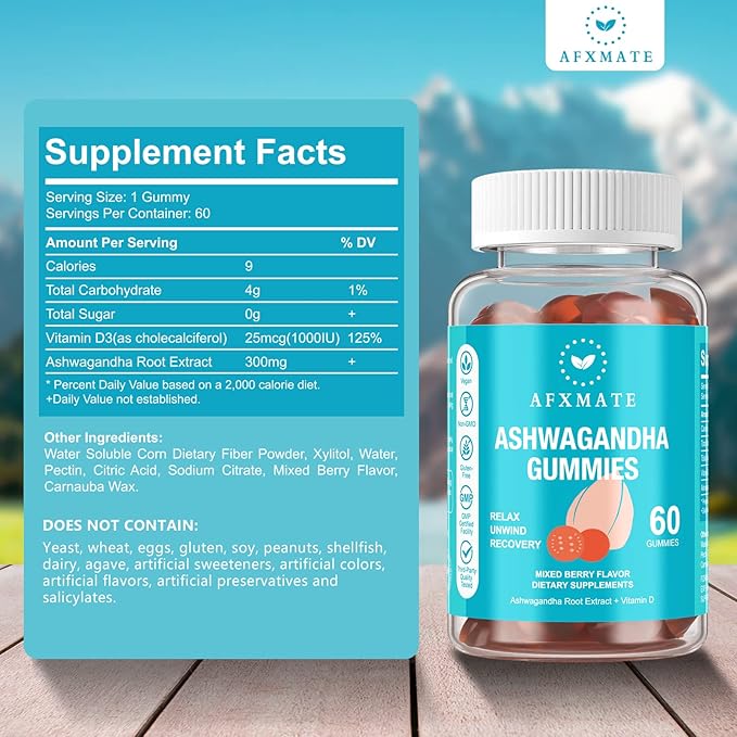 AFXMATE Ashwagandha Gummies &amp Vitamin D Gummies for Men &amp Women 120 Count Aswangdha Supplement (Non-GMO Sugar Free &amp Gluten Free)