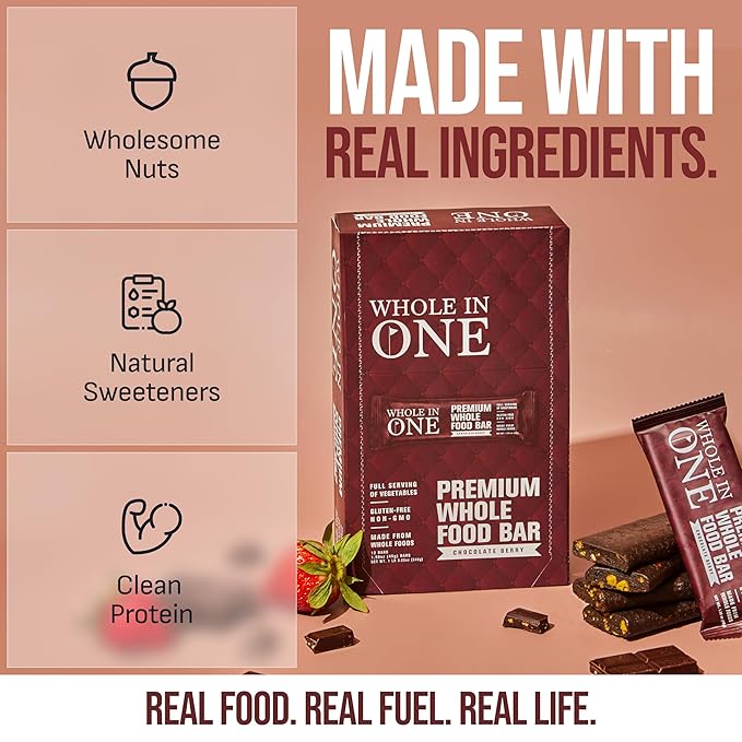 BrickHouse Nutrition Whole In One Bars: Healthy Snacks for Adults | Non-GMO Gluten Free Snack Bars | Real Fruits &amp Vegetables - Chocolate Berry (12 Bars)