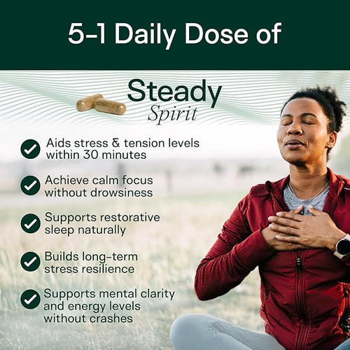 Adapt Naturals Steady Spirit Stress Anxiety &amp Mood Support Supplement for Women and Men with Ashwagandha L-Theanine Holy Basil Saffron and Lemon Balm - Stress Relief Supplement - 30 Day Suppl