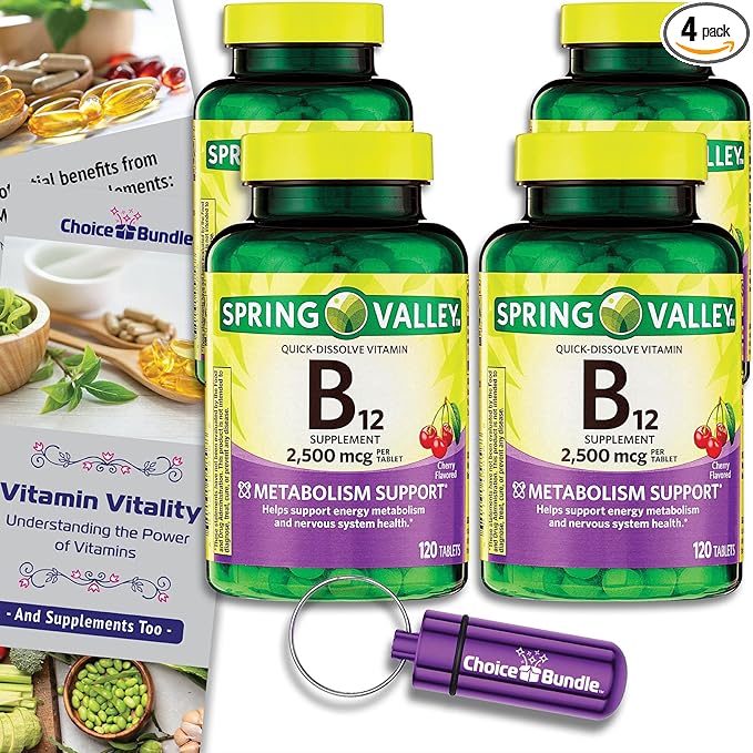 Spring Valley Vitamin B12 Quick Dissolve Tablets 2500 Mcg B Vitamins Complex 120 Ct 4 pk (480 Total) + Vitamin Vitality &amp Pill Container (6 Items)!