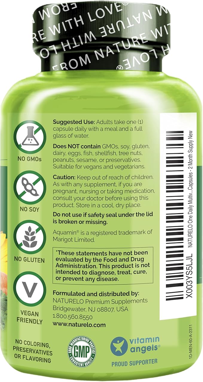 NATURELO Mens Multivitamins - One Daily Multivitamin for Men with Vitamins Minerals &amp Organic Whole Foods Boost Energy &amp Health Non-GMO 60 Vegetarian Capsules