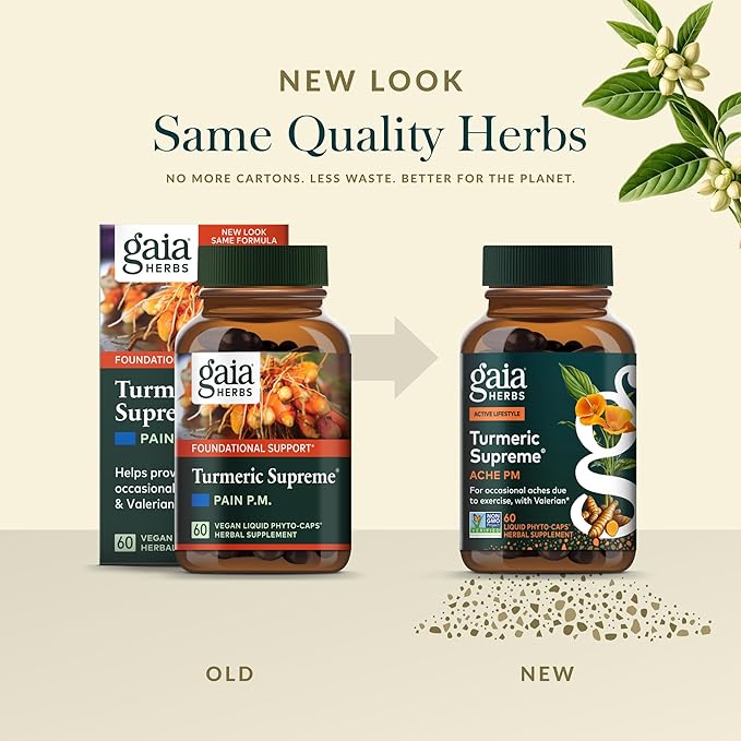 Gaia Herbs Turmeric Supreme Ache P.M. - Helps Provide Nighttime Comfort to Support More Restful Sleep* - with Turmeric Root Valerian California Poppy &amp More - 60 Liquid Phyto-Caps (20 Servings)