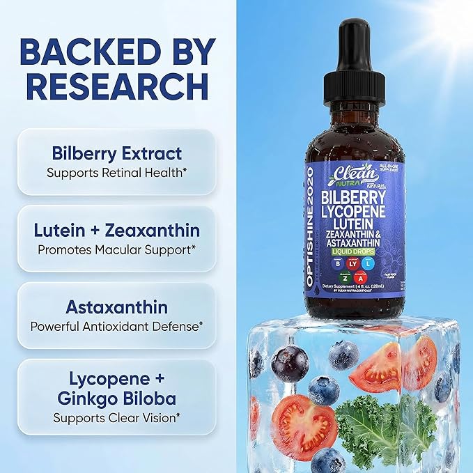 Clean Nutra Lutein and Zeaxanthin Eye Vitamins Supplement Lycopene Astaxanthin Bilberry Liquid Drops | Organic Astaxanthin Daily Lutein for Eyes Health Support Vitamin Minerals Extract | 60 Servings