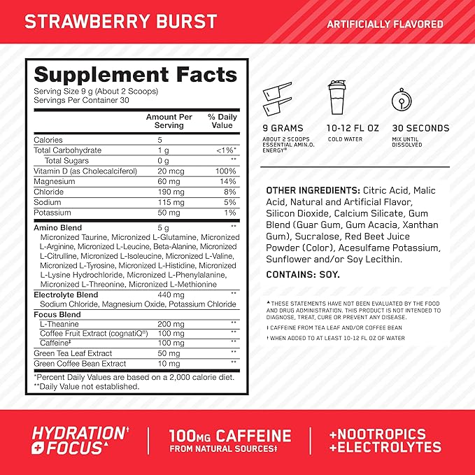 Optimum Nutrition Amino Energy Powder Plus Focus with BCAA Electrolytes and Caffeine Juicy Strawberry 30 Servings (Packaging May Vary)