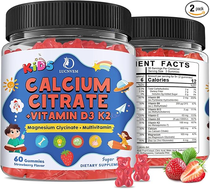 Kids Calcium Citrate Gummies with Vitamin D3 Supplement Calcium Citrate 300/600 mg with Magnesium Zinc &amp Multivitamin for Kids 4+ Support Bone Muscle &amp Digestive Health Sugar Free Strawberr