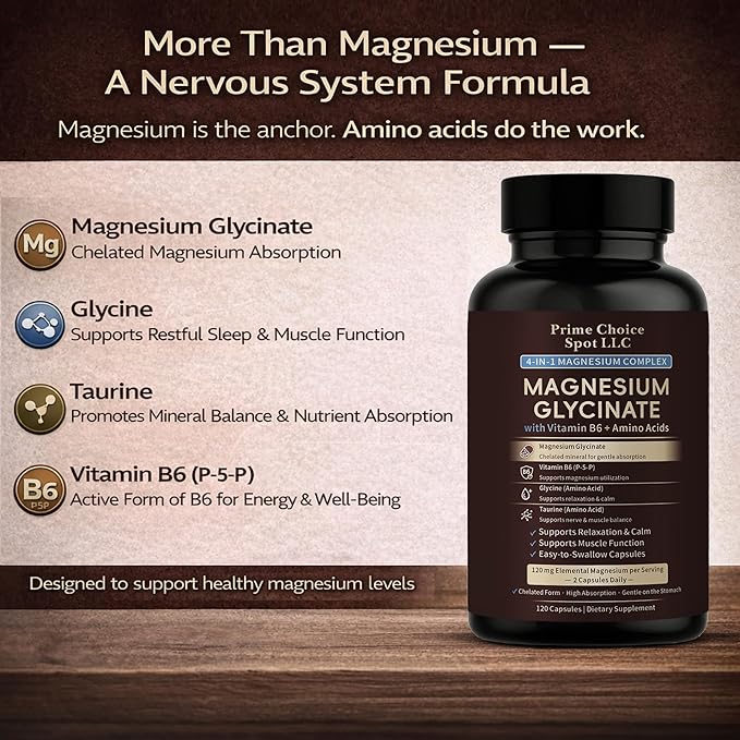 Magnesium Glycinate 120 mg Capsules with Glycine Taurine &amp Vitamin B6 (P-5-P) – Chelated Magnesium Supplement – 120 Capsules