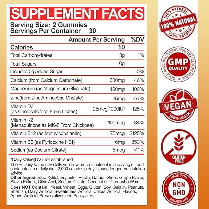 Calcium Magnesium Zinc Gummies with Vitamin D3 &amp K2 - High Absorption Magnesium Glycinate 400mg - Sugar Free Calcium Supplement - Support Nerve Muscle Mood &amp Immunity - for Adults Men Women Ki