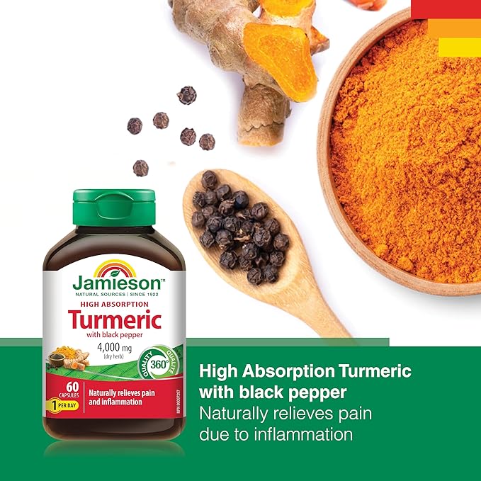 Jamieson High Absorption Curcumin Turmeric with Black Pepper 4000 mg (raw herb) 60 Capsules