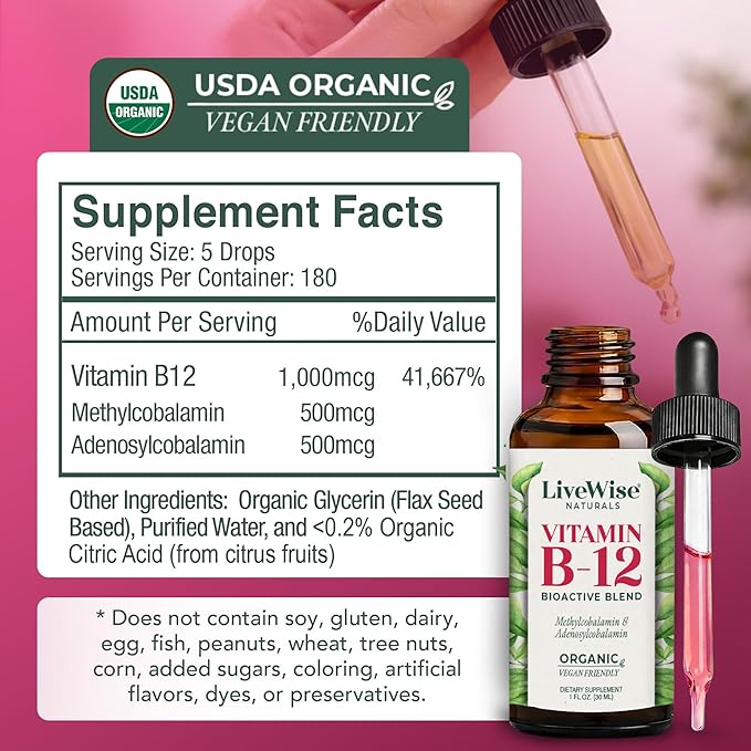 Organic Vitamin B12 1000 mcg Sublingual Liquid Drops For Adults 6 Months Supply 1 oz Methylcobalamin &amp Adenosylcobalamin - Bioactive Blend for Energy Clarity &amp Focus - Vegan Non-GMO Unfla