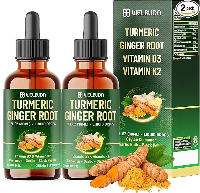 7in1 Liquid Turmeric Curcumin with Vitamin D3 Vitamin K2 Ginger Ceylon Cinnamon Garlic Black Pepper - Drops Extract - 2 Packs of 30ml - 2 Month Supply
