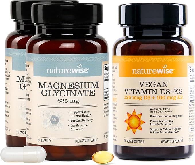 NatureWise (Pack of 2) Magnesium Glycinate 625mg - Chelated Magnesium - 30 Capsules[30-Day Supply] + [1] Vegan Vitamin D3 5000IU + K2 Organic Olive Oil - 60 Softgels[60-Day Supply]