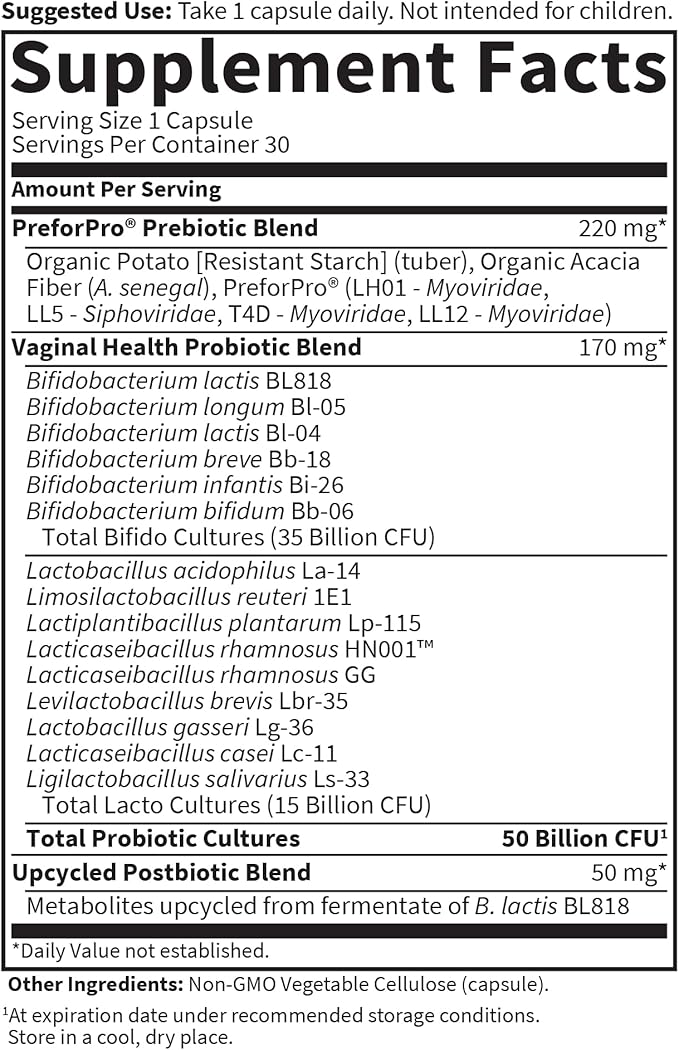 Garden of Life Dr Formulated Womens pH Probiotics 50 Billion CFU Pre + Pro + Postbiotics - Digestive Immune and Vaginal Support Potato Acacia Postbiotic Metabolites 30 Vegetarian Capsules