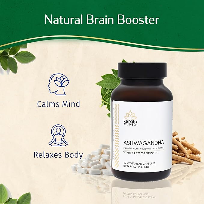 Kerala Ayurveda Ashwagandha Capsules – 60 Vegan Capsules | Organic Adaptogen for Stress Support Mood Balance &amp Daily Vitality | Supports Healthy Stress Response &amp Immune Support | Prop 65 Com